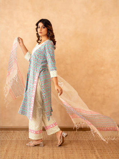 Teal Blossom Handblock Cotton Suit Set with Kota Doria Dupatta