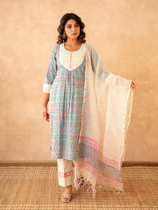 Teal Blossom Handblock Cotton Suit Set with Kota Doria Dupatta