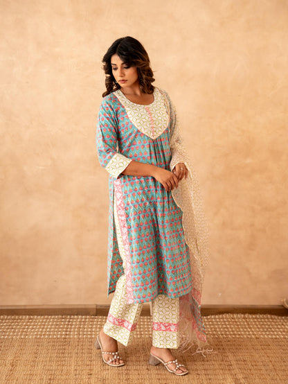 Teal Blossom Handblock Cotton Suit Set with Kota Doria Dupatta