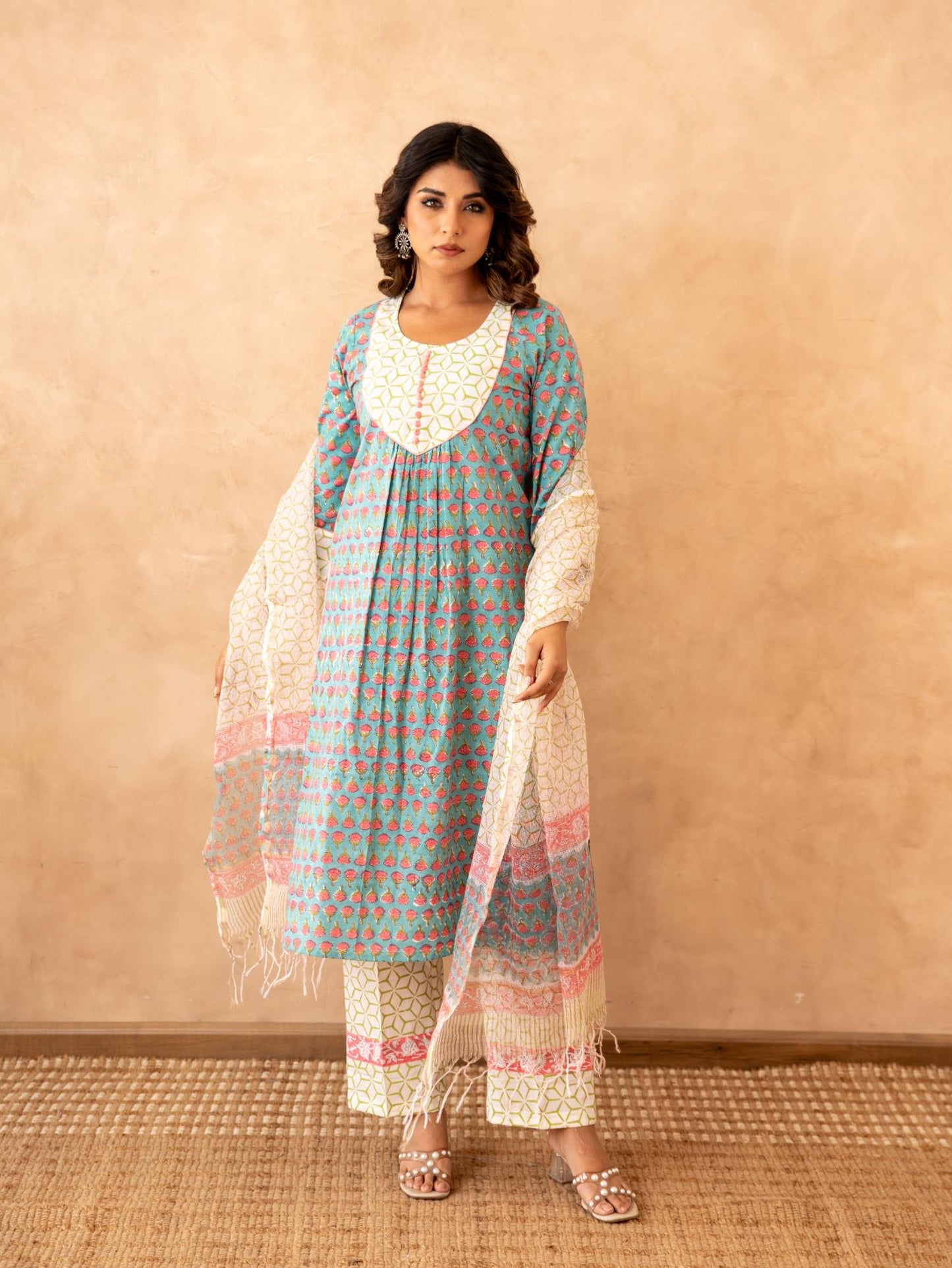 Teal Blossom Handblock Cotton Suit Set with Kota Doria Dupatta