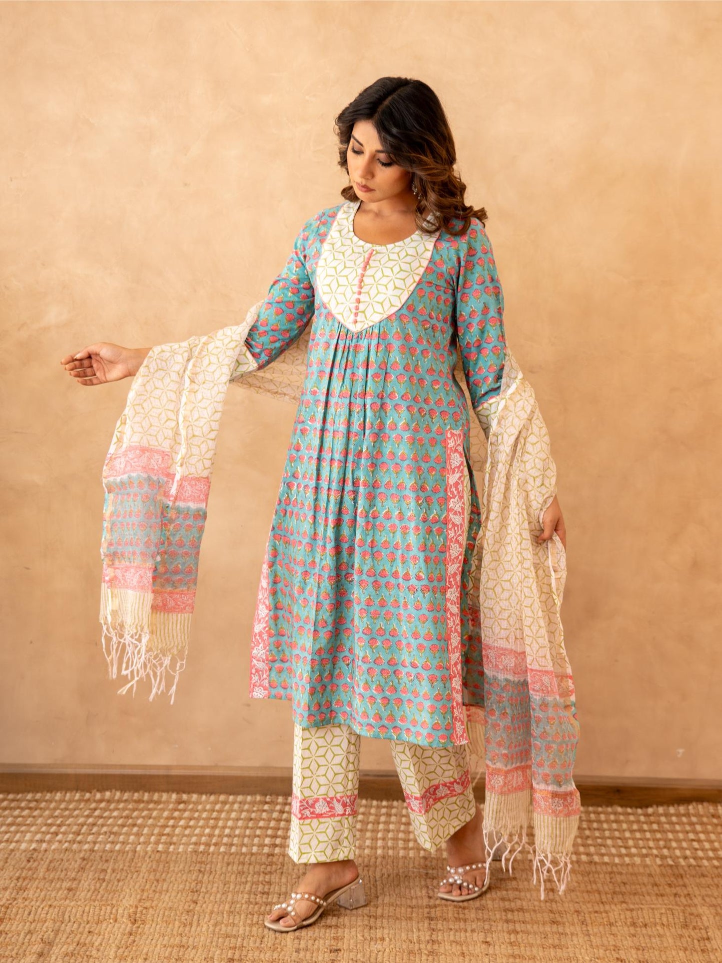 Teal Blossom Handblock Cotton Suit Set with Kota Doria Dupatta