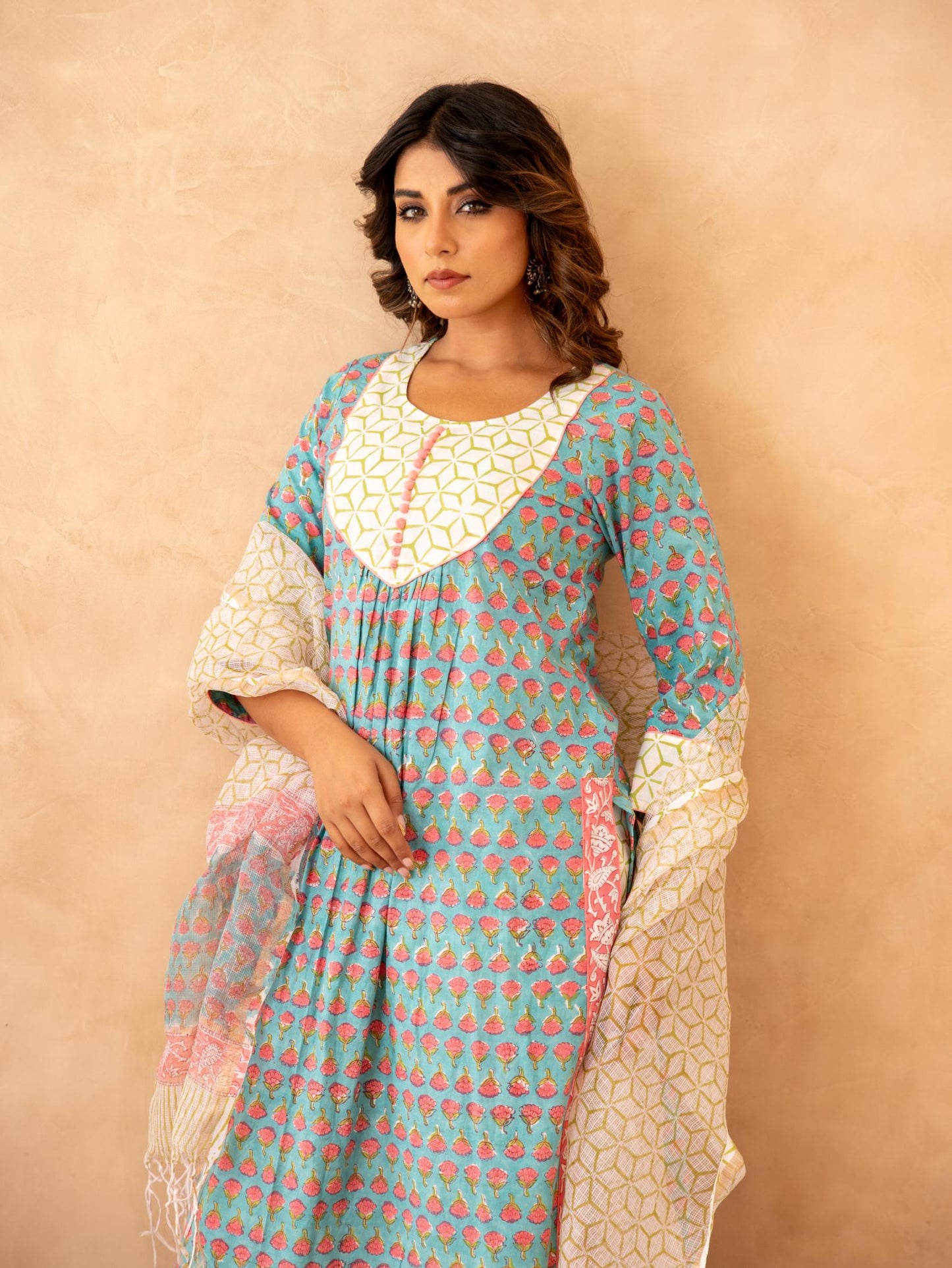Teal Blossom Handblock Cotton Suit Set with Kota Doria Dupatta