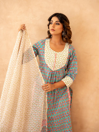 Teal Blossom Handblock Cotton Suit Set with Kota Doria Dupatta