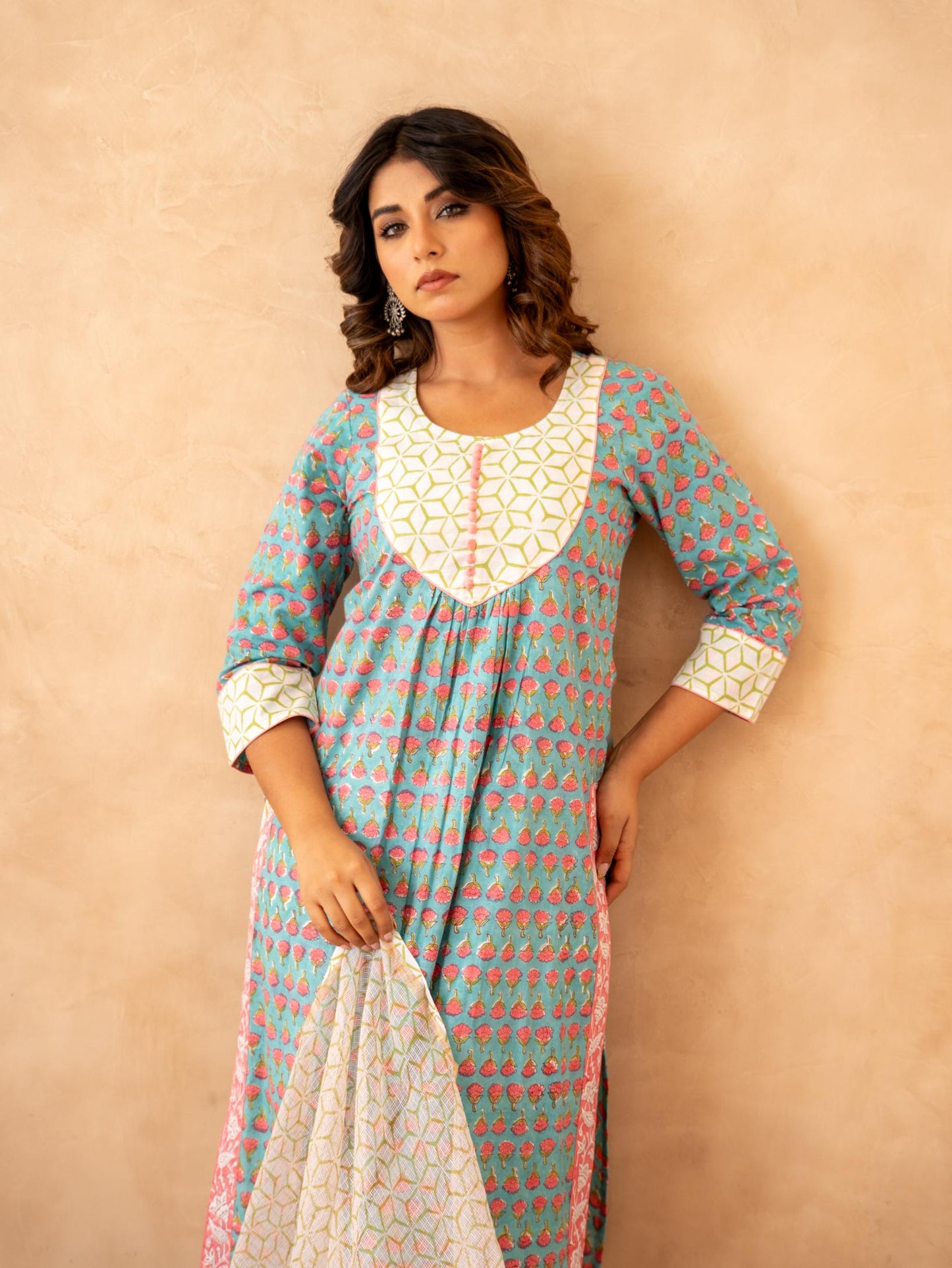 Teal Blossom Handblock Cotton Suit Set with Kota Doria Dupatta