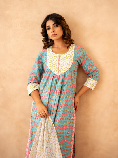 Teal Blossom Handblock Cotton Suit Set with Kota Doria Dupatta