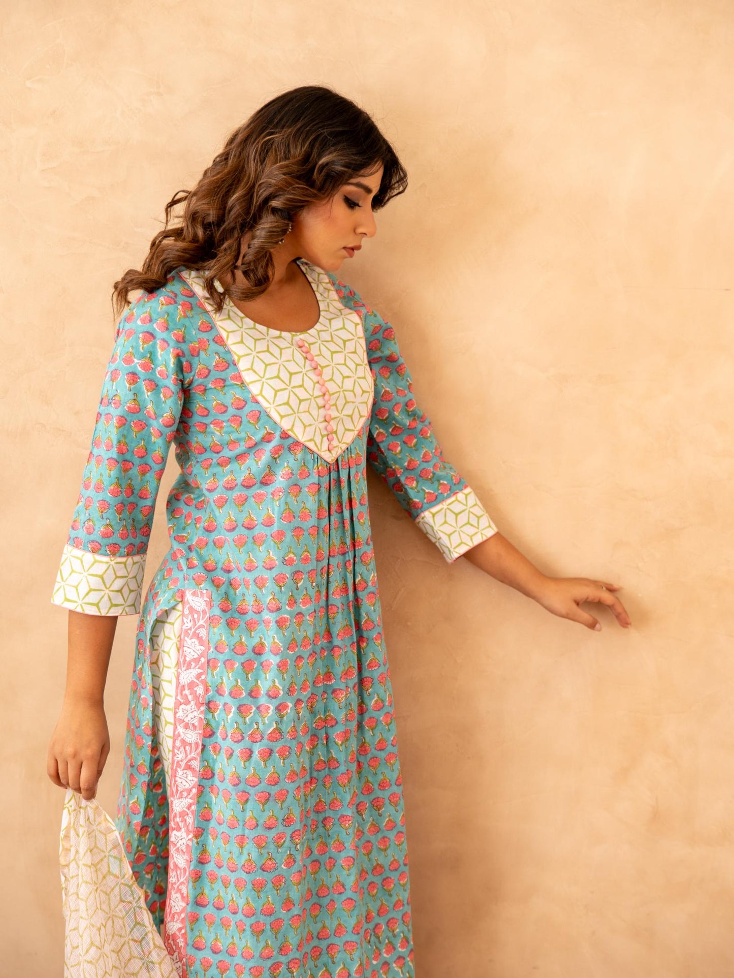 Teal Blossom Handblock Cotton Suit Set with Kota Doria Dupatta