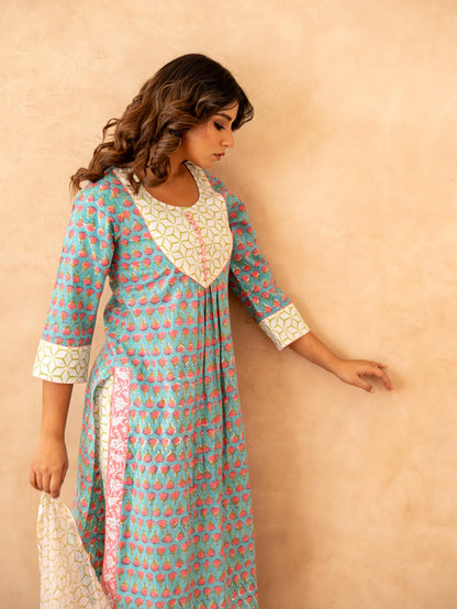 Teal Blossom Handblock Cotton Suit Set with Kota Doria Dupatta