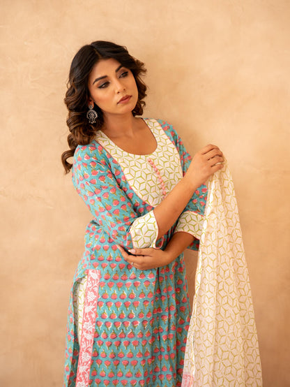 Teal Blossom Handblock Cotton Suit Set with Kota Doria Dupatta