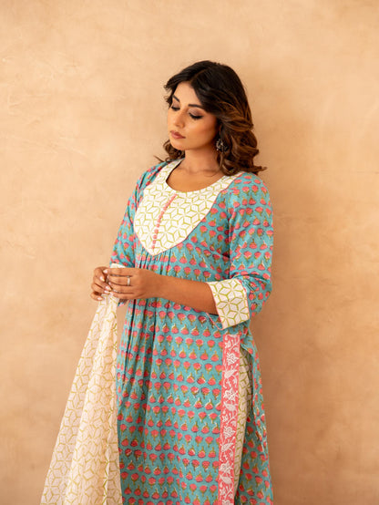 Teal Blossom Handblock Cotton Suit Set with Kota Doria Dupatta