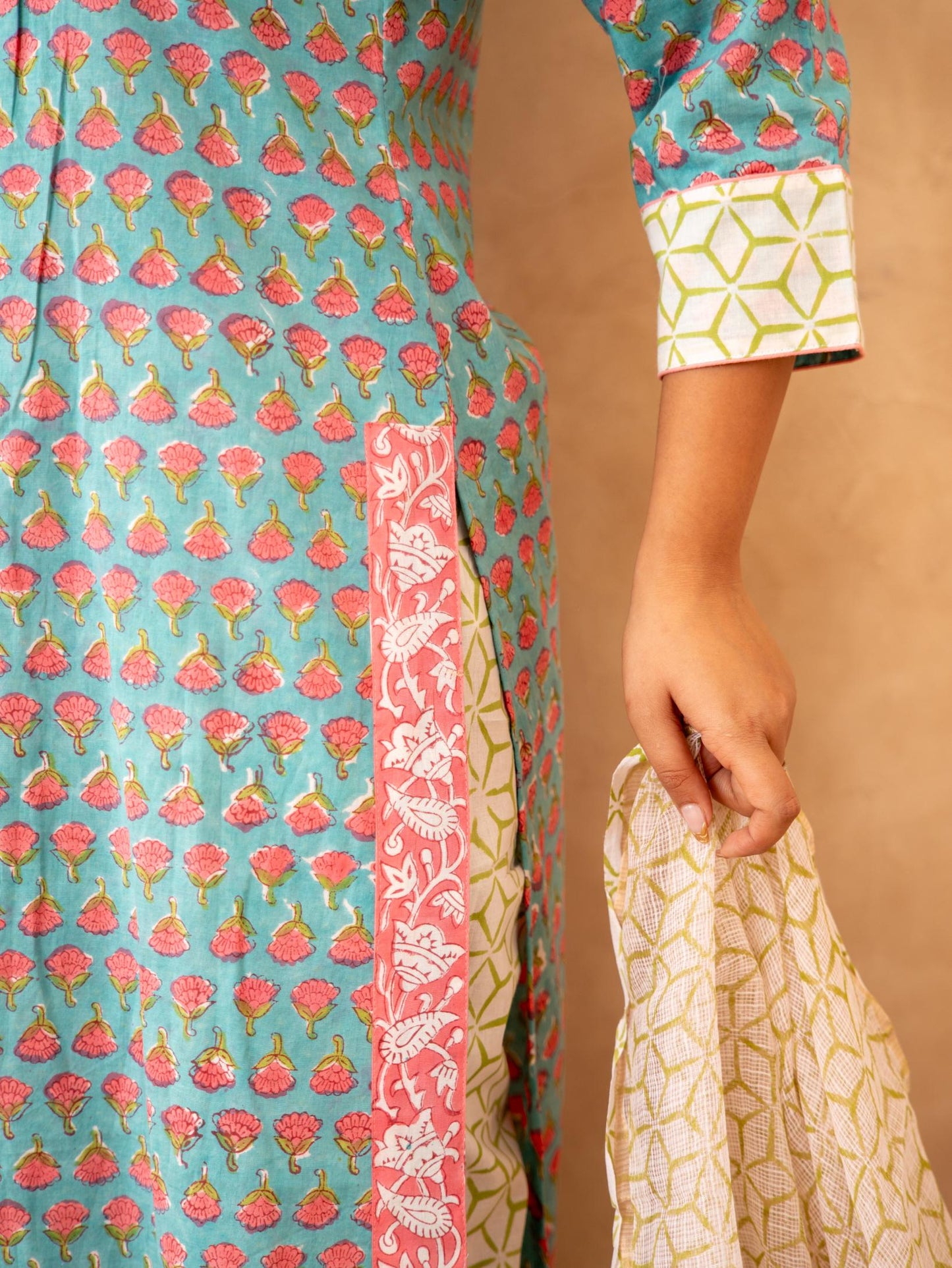 Teal Blossom Handblock Cotton Suit Set with Kota Doria Dupatta