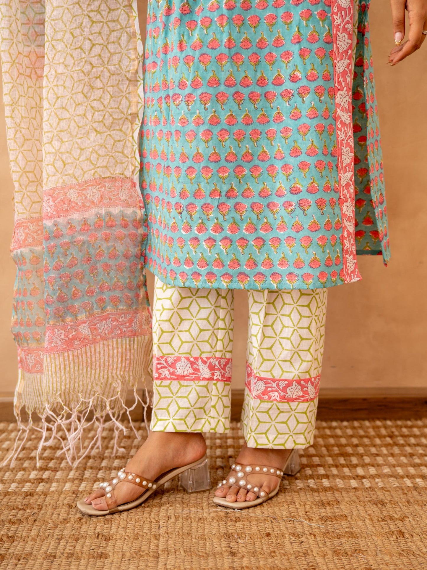 Teal Blossom Handblock Cotton Suit Set with Kota Doria Dupatta