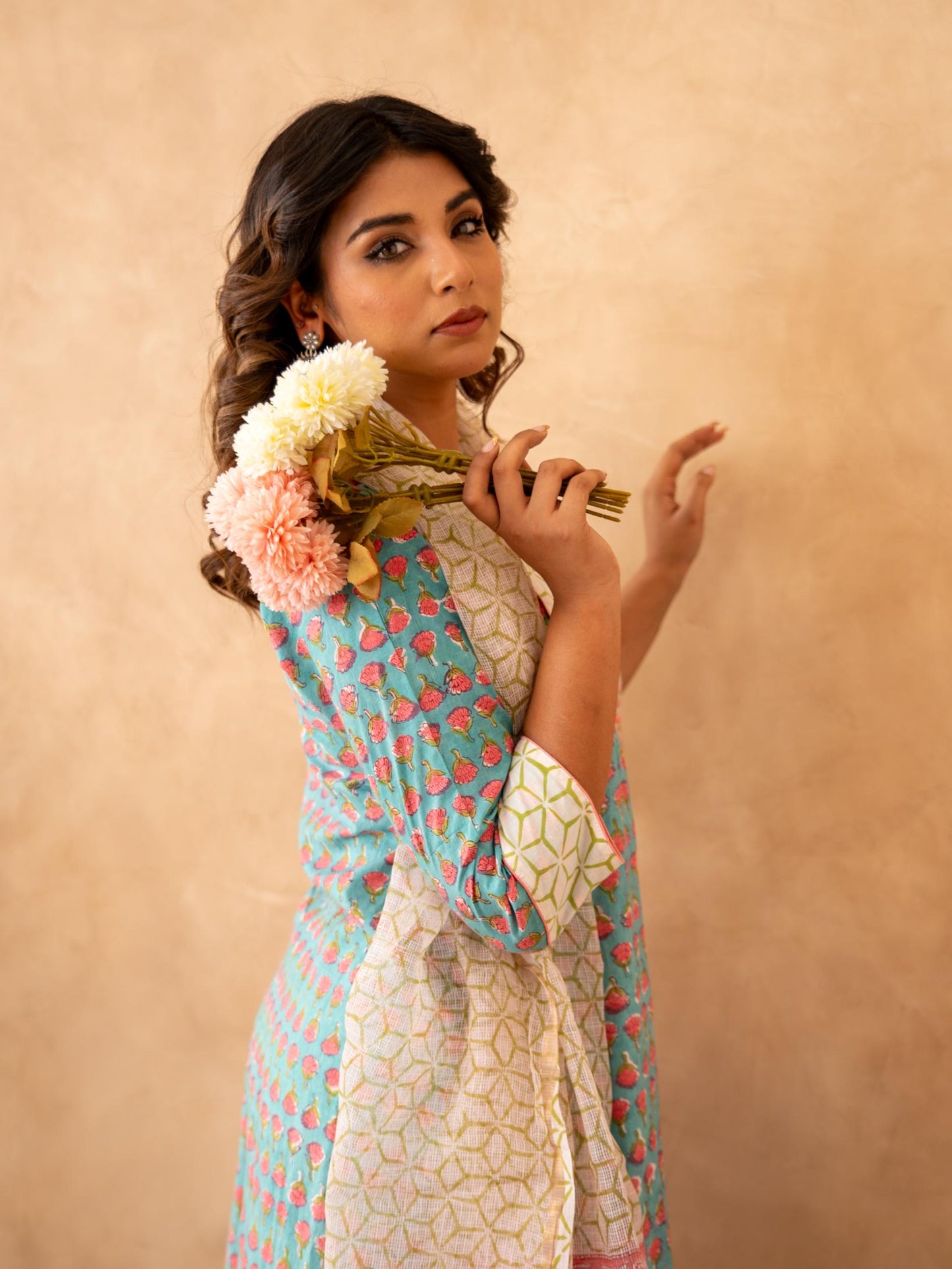 Teal Blossom Handblock Cotton Suit Set with Kota Doria Dupatta