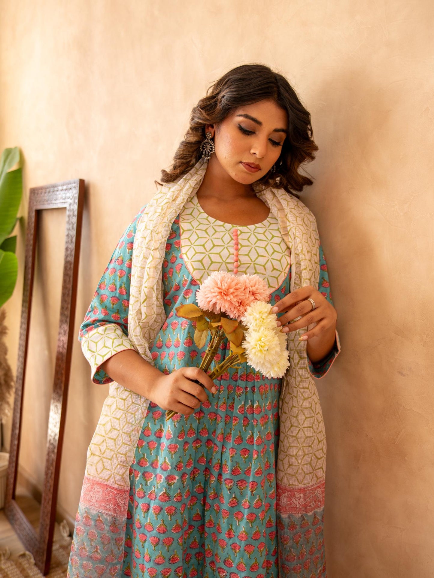 Teal Blossom Handblock Cotton Suit Set with Kota Doria Dupatta