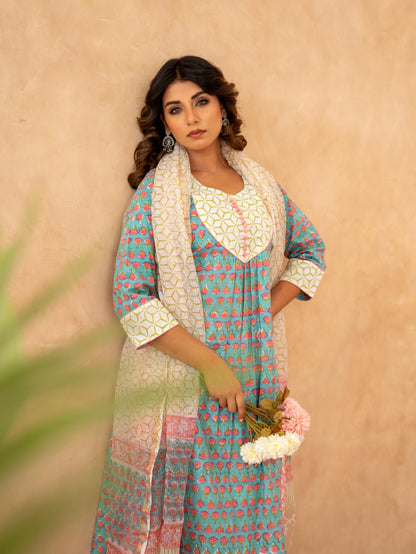 Teal Blossom Handblock Cotton Suit Set with Kota Doria Dupatta