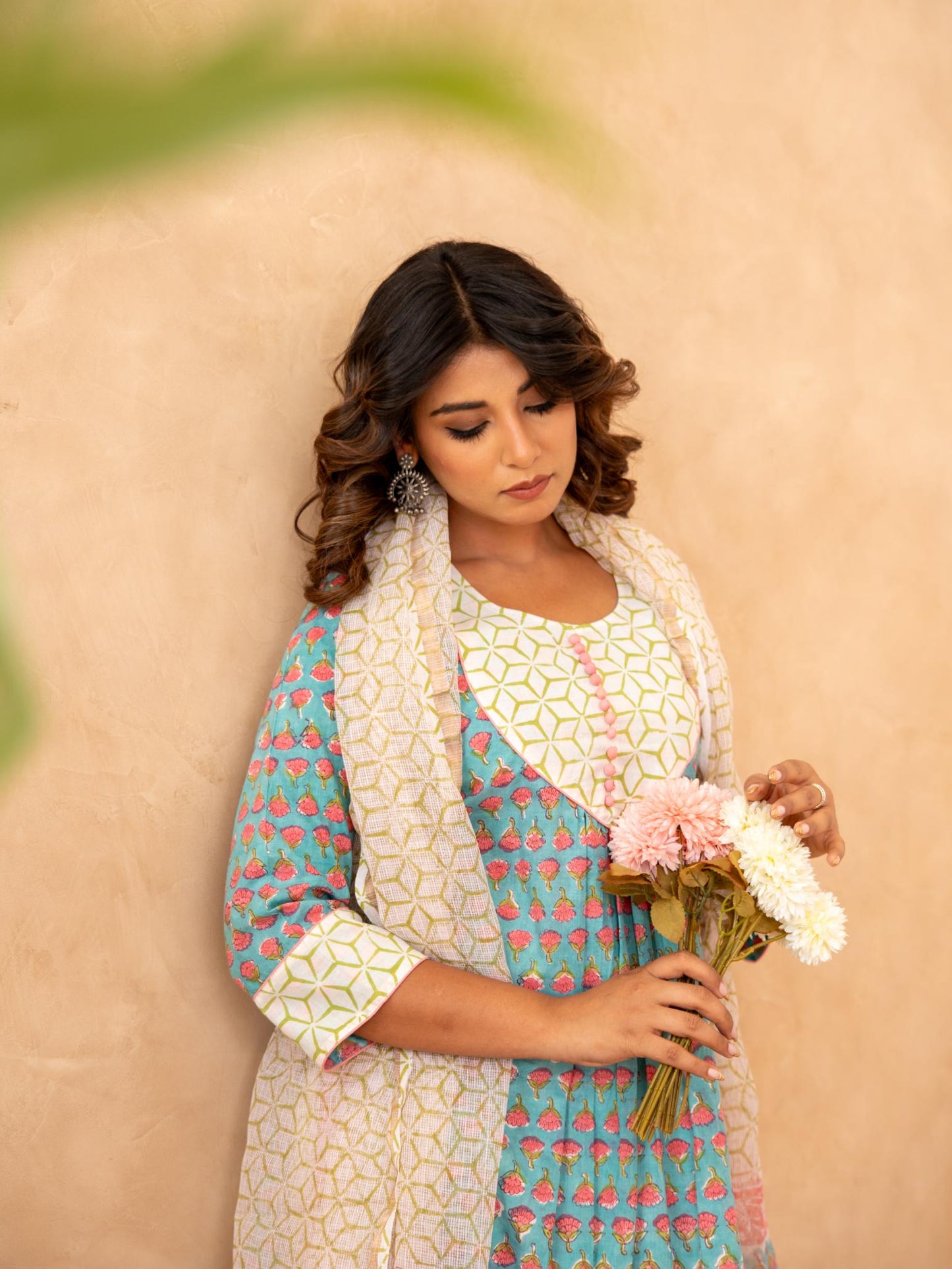 Teal Blossom Handblock Cotton Suit Set with Kota Doria Dupatta