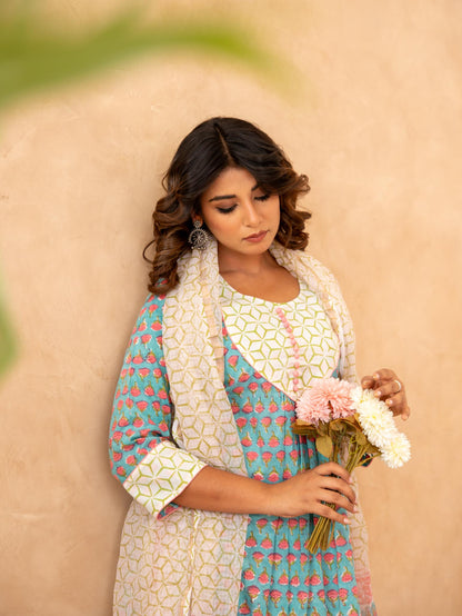 Teal Blossom Handblock Cotton Suit Set with Kota Doria Dupatta