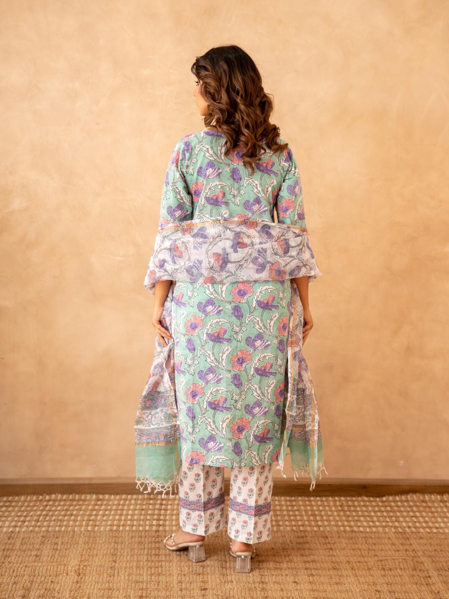 Mint Floral Handblock Cotton Suit Set with Kota Doria Dupatta