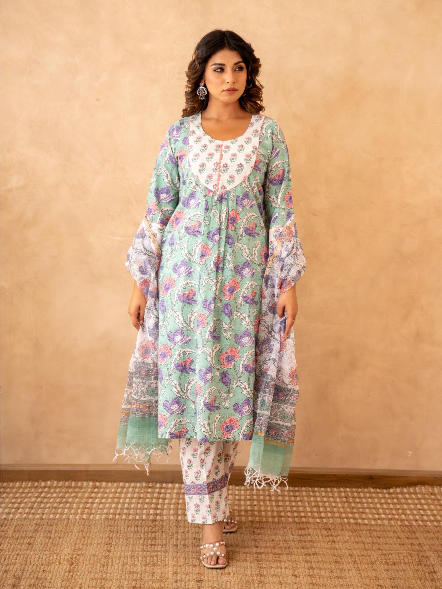 Mint Floral Handblock Cotton Suit Set with Kota Doria Dupatta