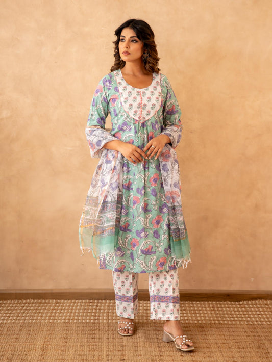 Mint Floral Handblock Cotton Suit Set with Kota Doria Dupatta