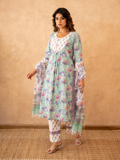 Mint Floral Handblock Cotton Suit Set with Kota Doria Dupatta