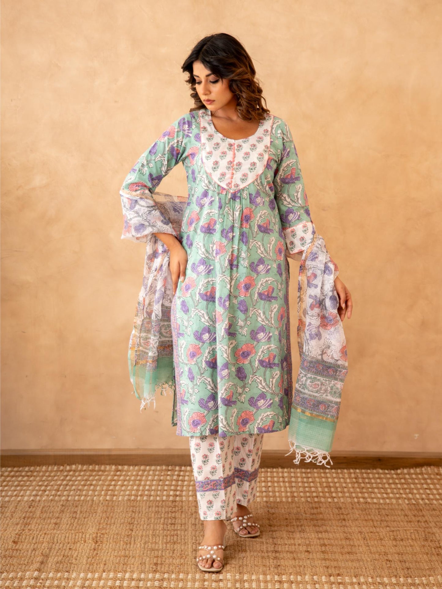 Mint Floral Handblock Cotton Suit Set with Kota Doria Dupatta