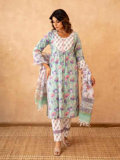 Mint Floral Handblock Cotton Suit Set with Kota Doria Dupatta