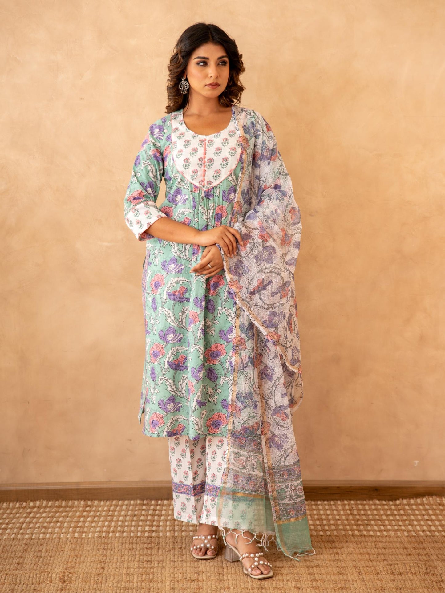 Mint Floral Handblock Cotton Suit Set with Kota Doria Dupatta
