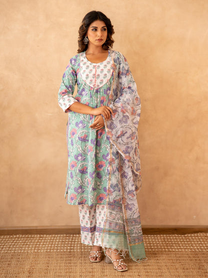 Mint Floral Handblock Cotton Suit Set with Kota Doria Dupatta