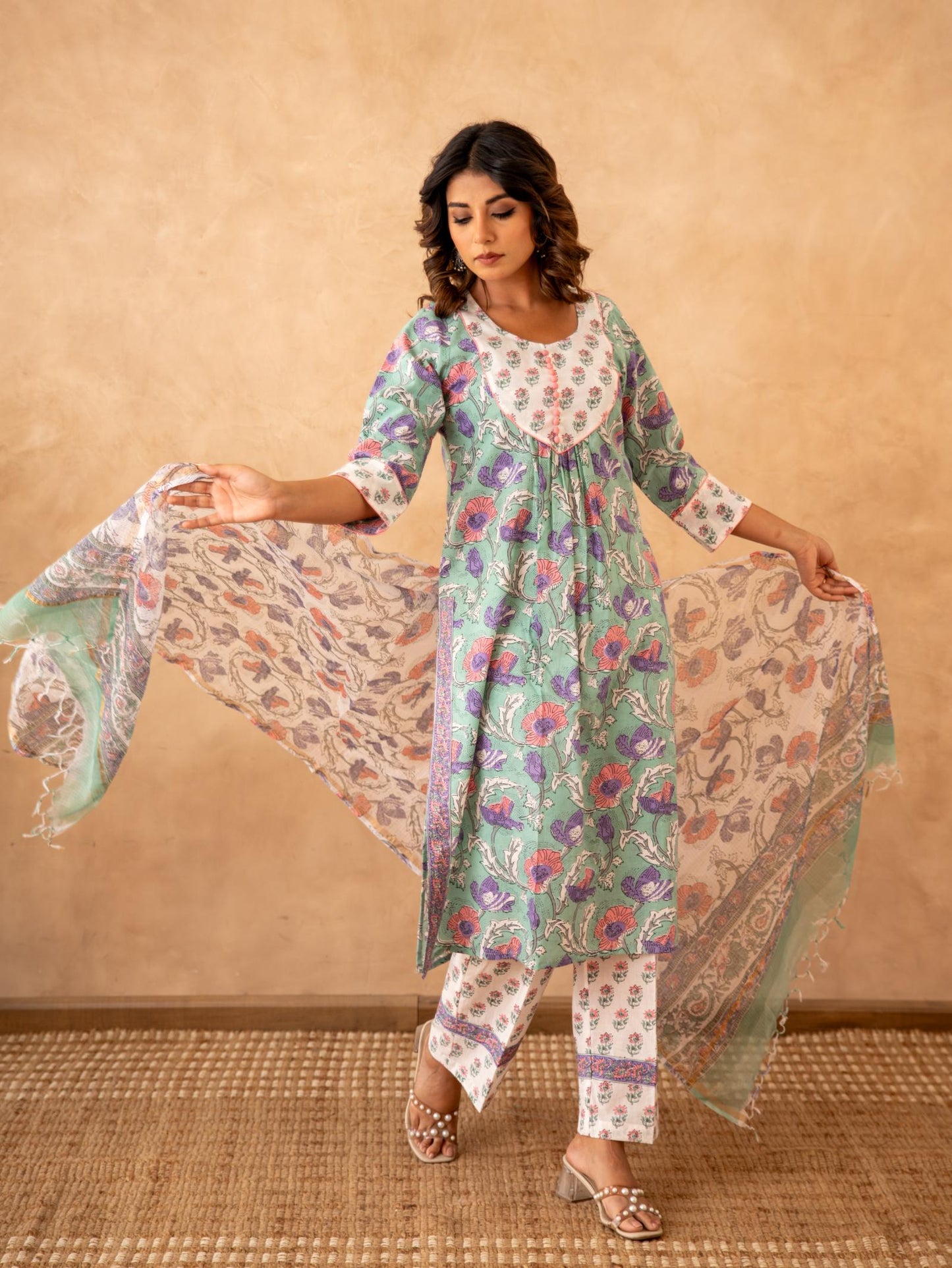 Mint Floral Handblock Cotton Suit Set with Kota Doria Dupatta