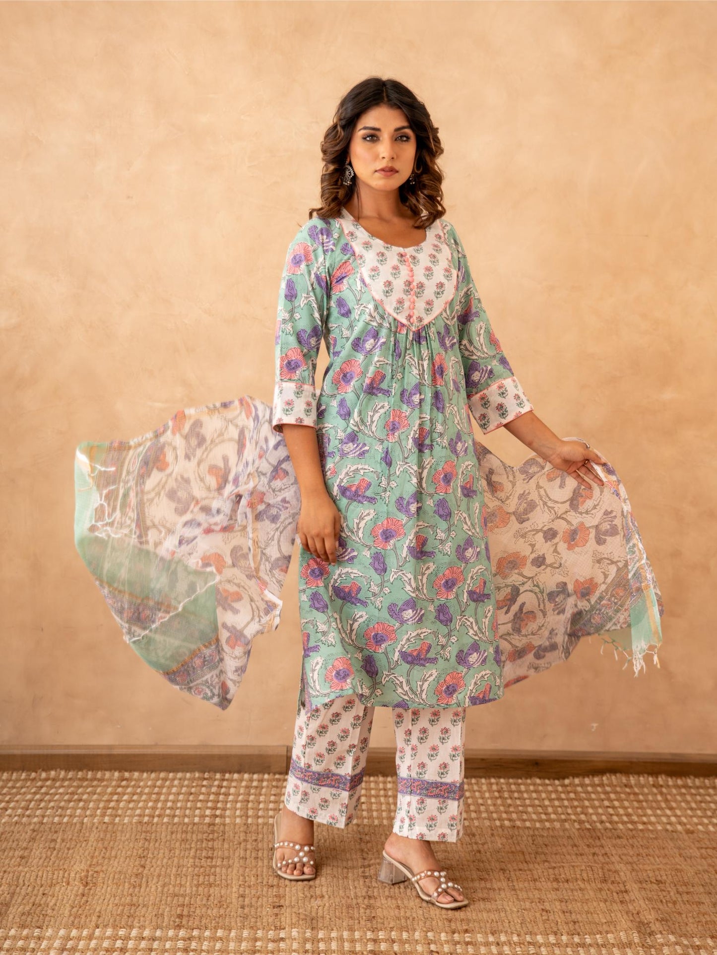 Mint Floral Handblock Cotton Suit Set with Kota Doria Dupatta