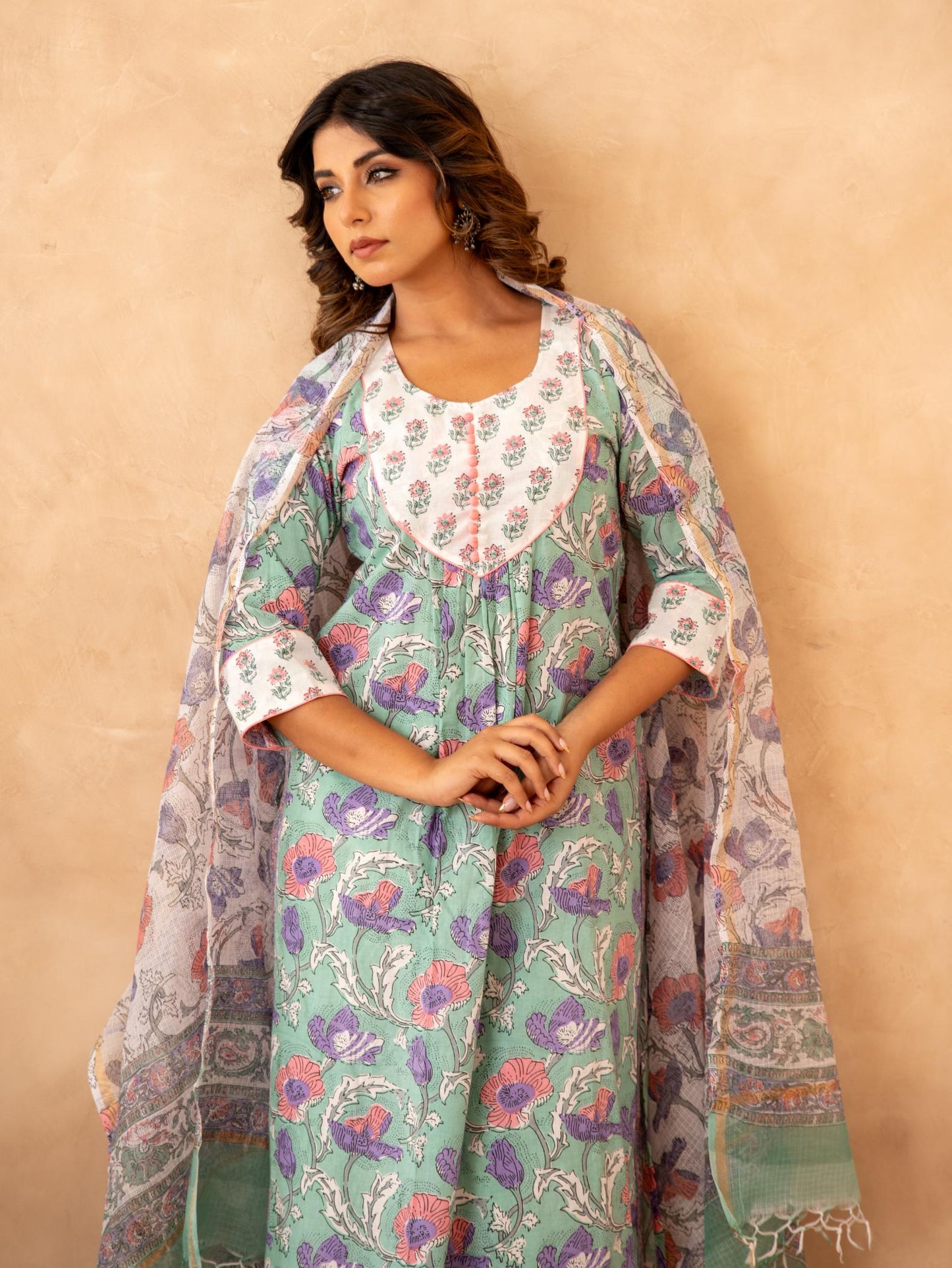 Mint Floral Handblock Cotton Suit Set with Kota Doria Dupatta