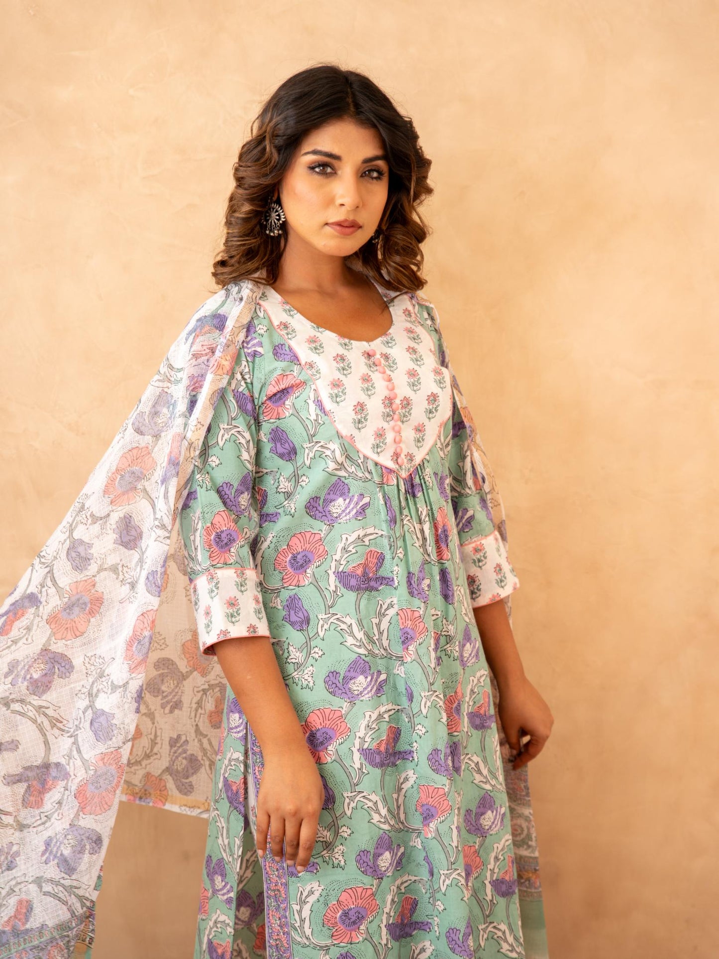 Mint Floral Handblock Cotton Suit Set with Kota Doria Dupatta