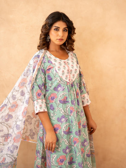 Mint Floral Handblock Cotton Suit Set with Kota Doria Dupatta