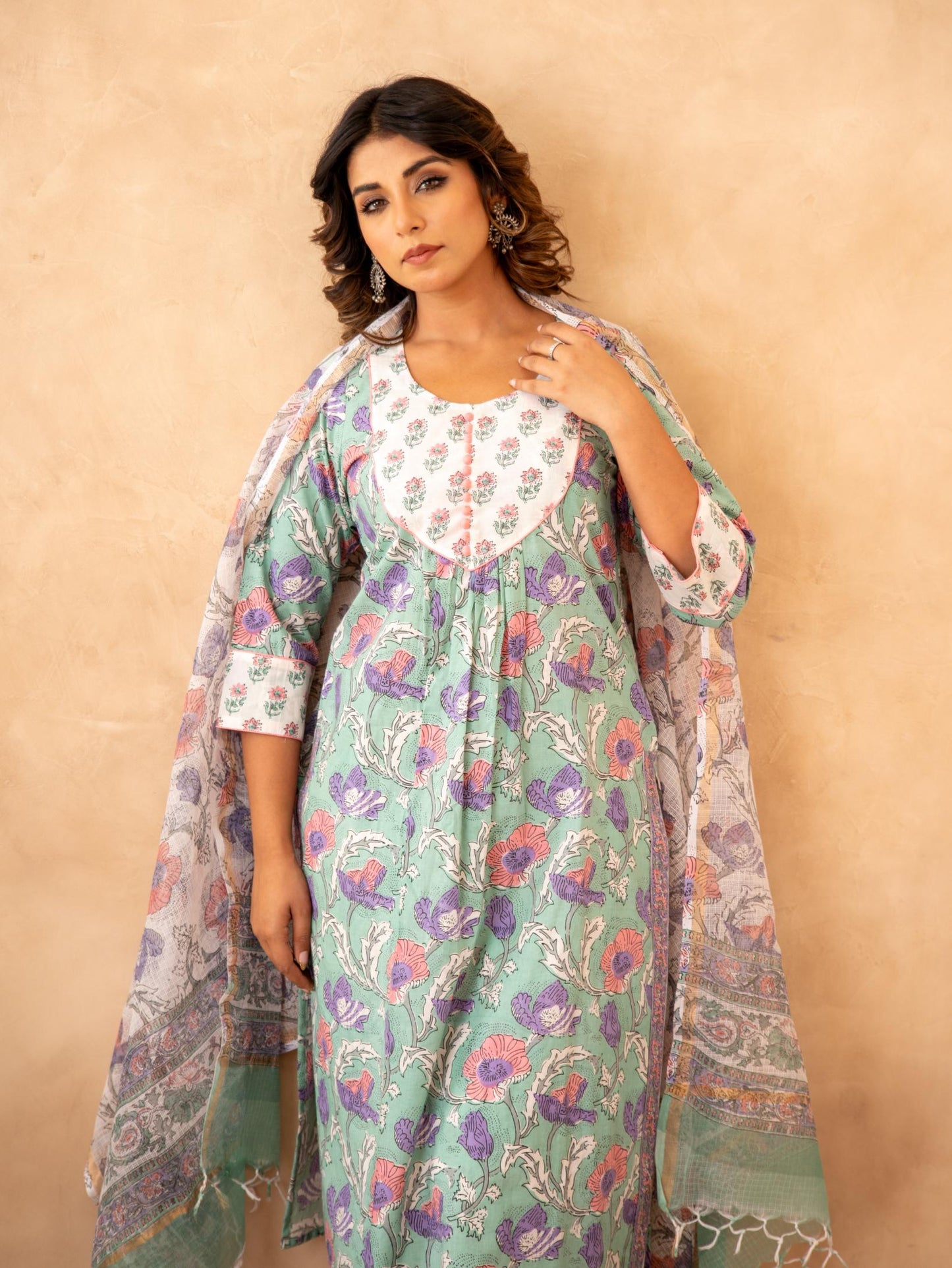 Mint Floral Handblock Cotton Suit Set with Kota Doria Dupatta