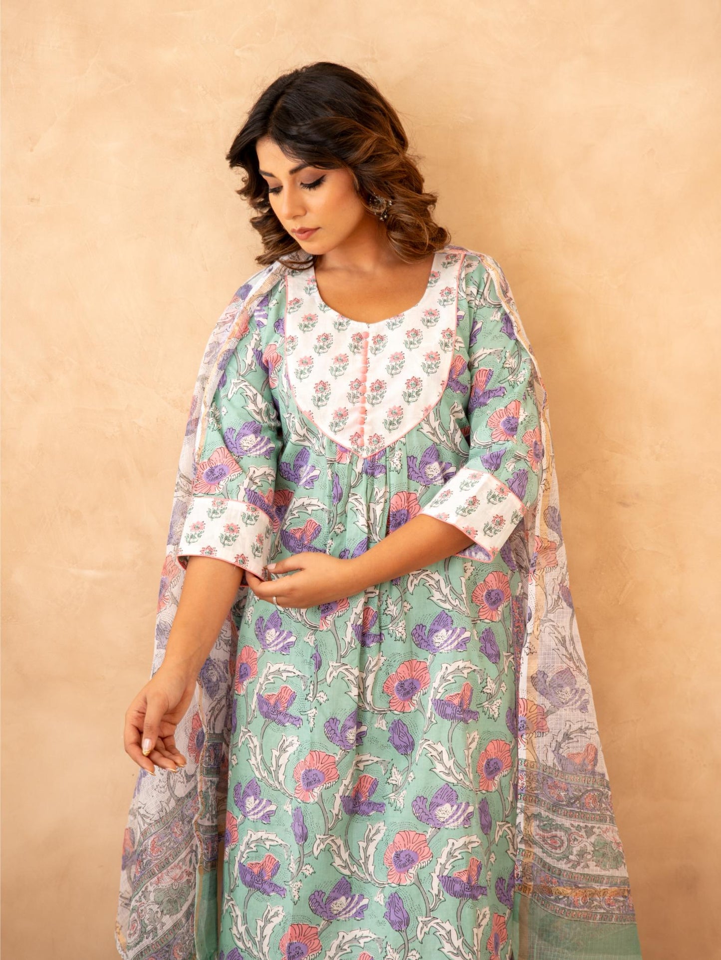 Mint Floral Handblock Cotton Suit Set with Kota Doria Dupatta