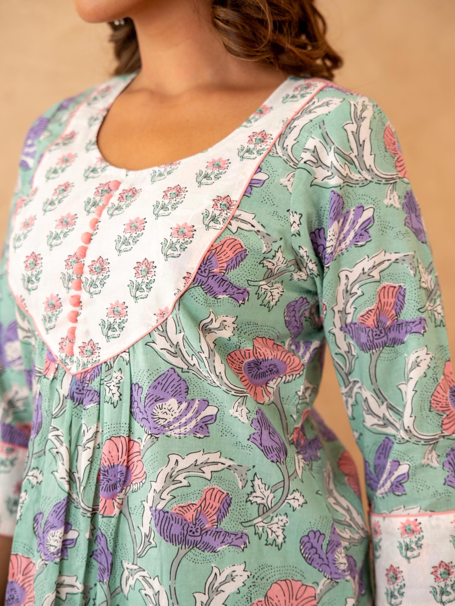Mint Floral Handblock Cotton Suit Set with Kota Doria Dupatta