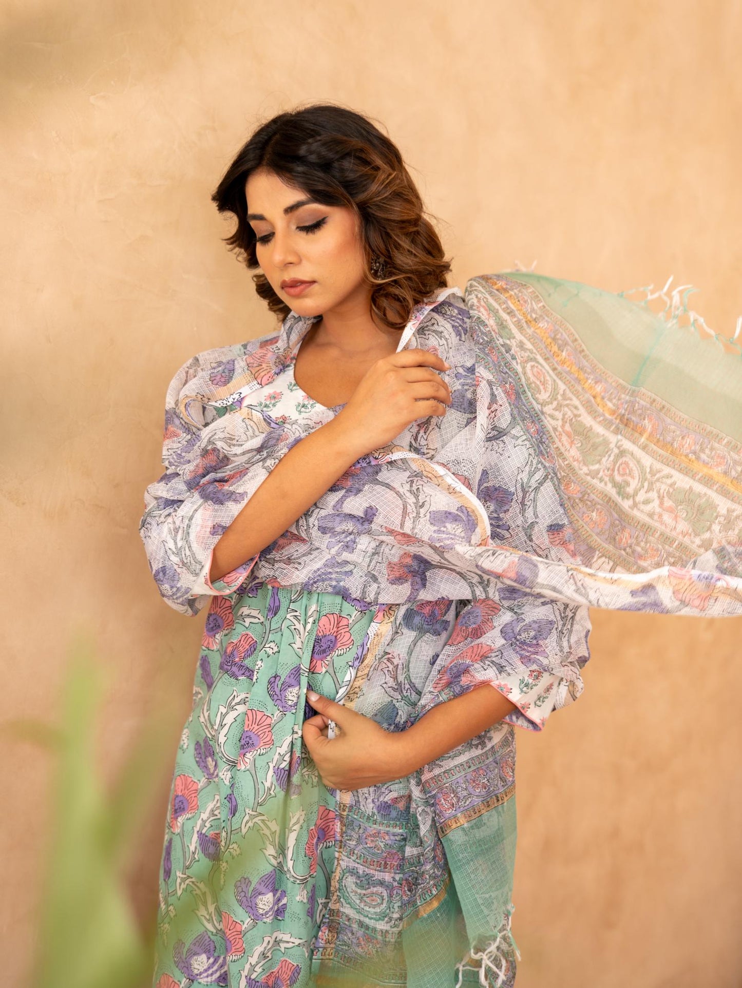 Mint Floral Handblock Cotton Suit Set with Kota Doria Dupatta