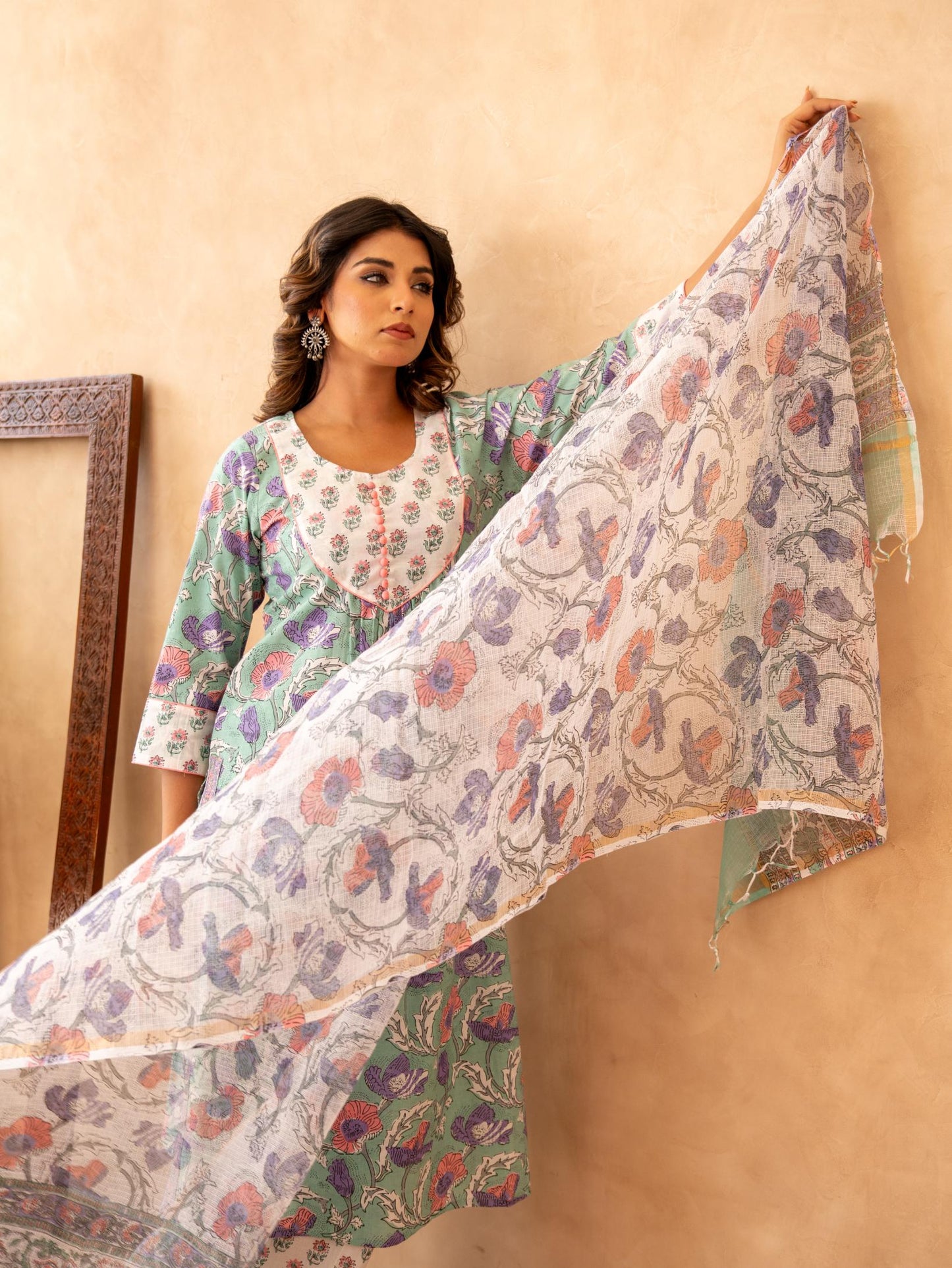 Mint Floral Handblock Cotton Suit Set with Kota Doria Dupatta