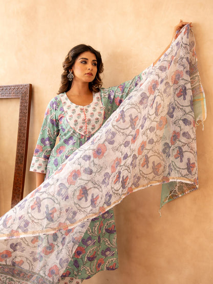 Mint Floral Handblock Cotton Suit Set with Kota Doria Dupatta