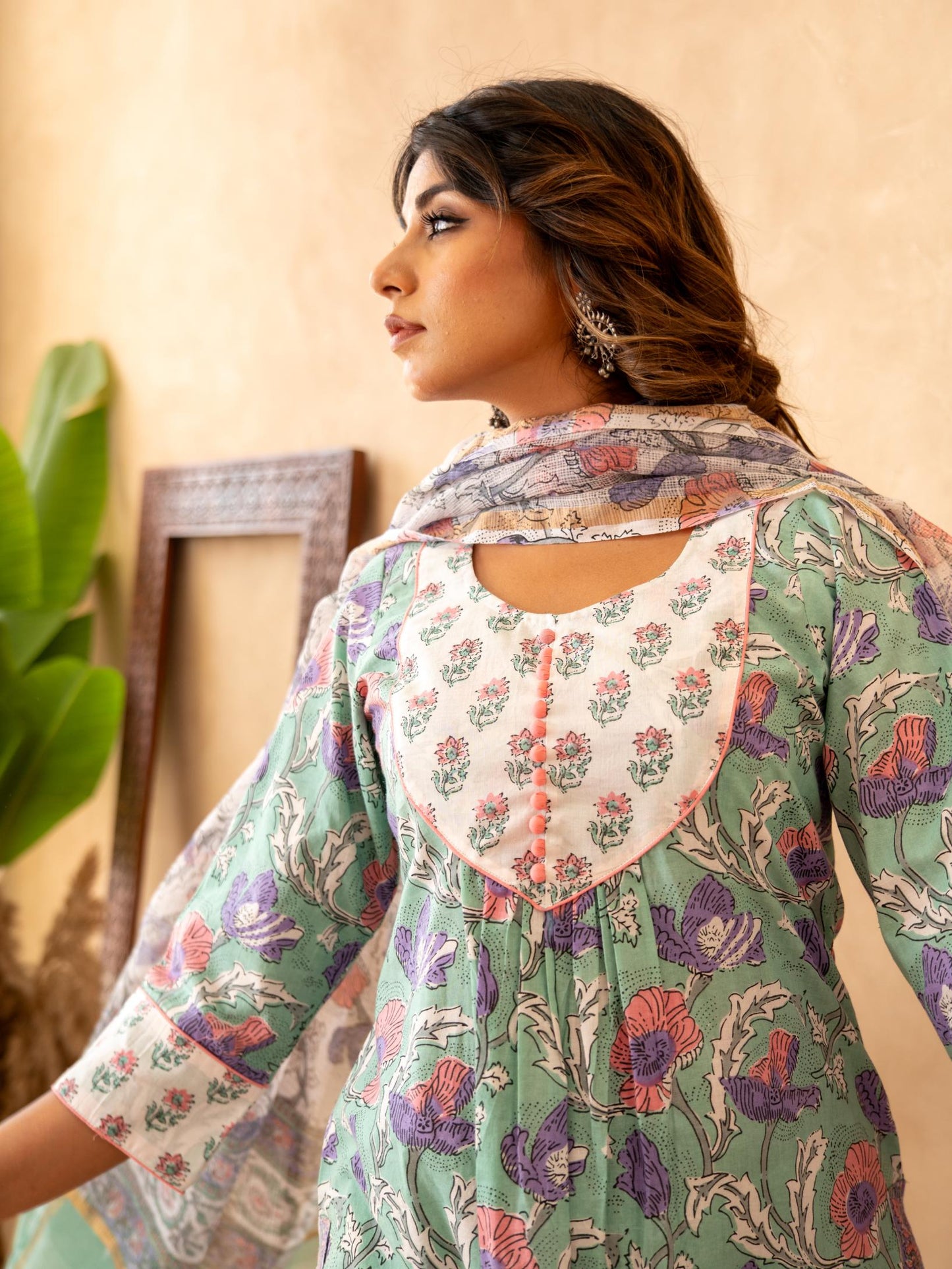 Mint Floral Handblock Cotton Suit Set with Kota Doria Dupatta