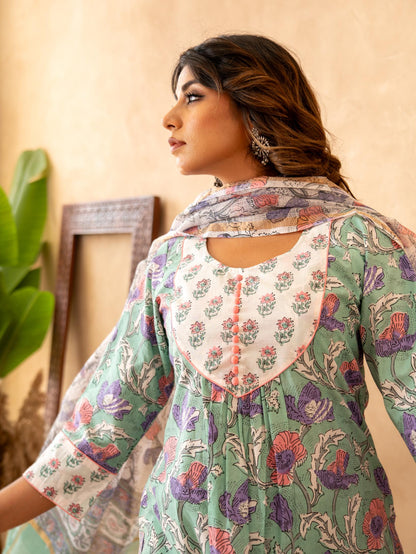 Mint Floral Handblock Cotton Suit Set with Kota Doria Dupatta