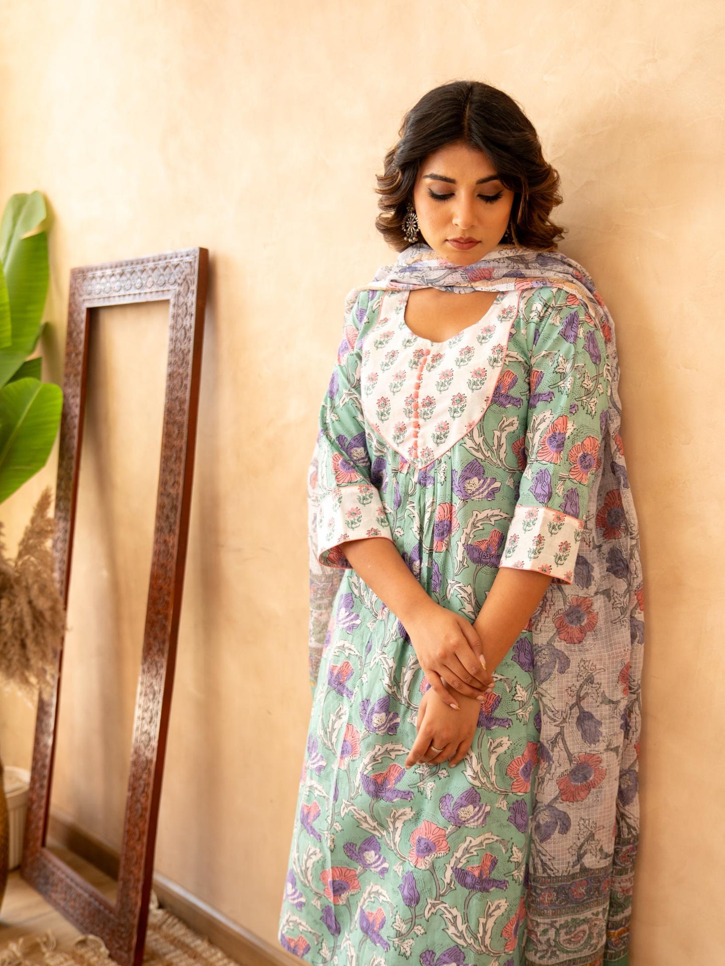 Mint Floral Handblock Cotton Suit Set with Kota Doria Dupatta