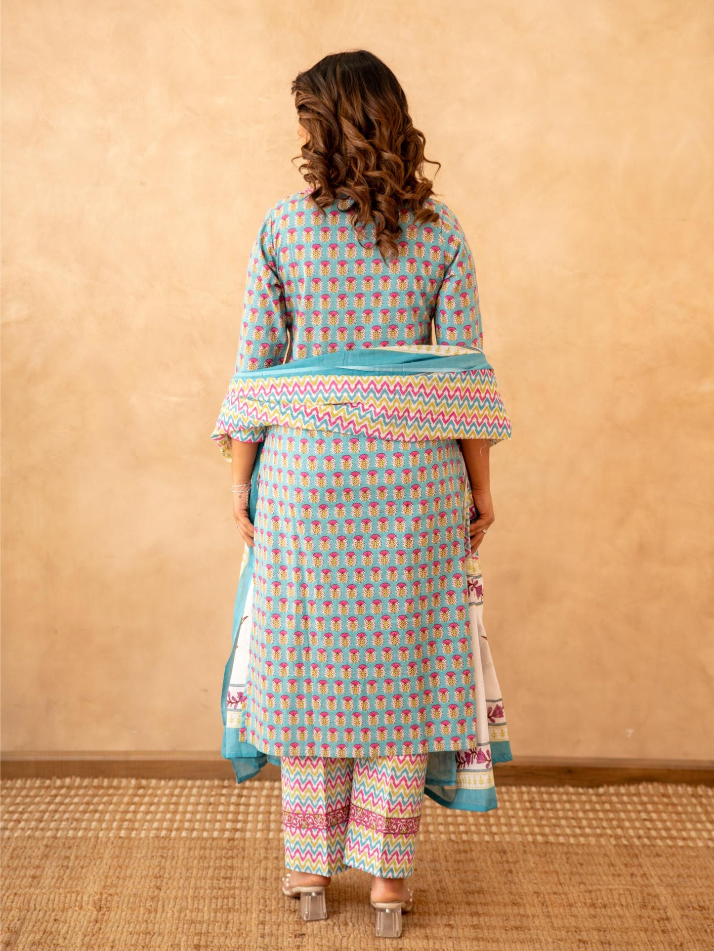 Turquoise Handblock Cotton Suit Set with Mul Cotton Dupatta