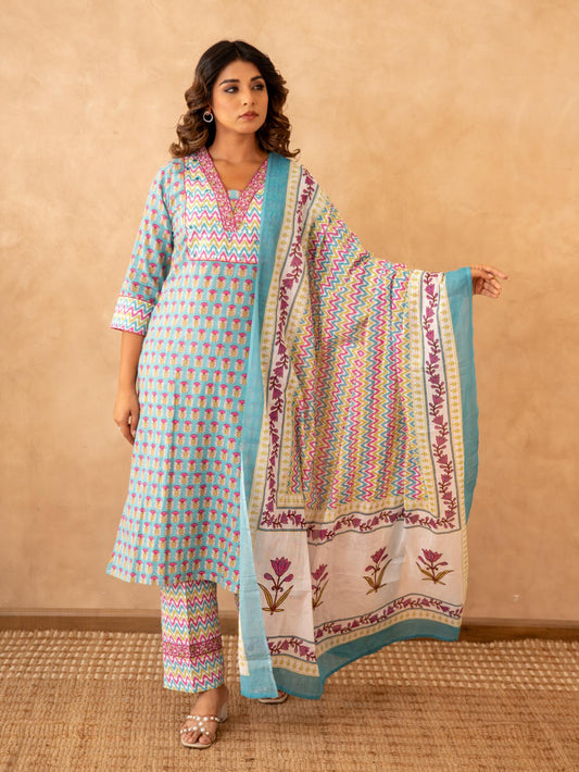 Turquoise Handblock Cotton Suit Set with Mul Cotton Dupatta
