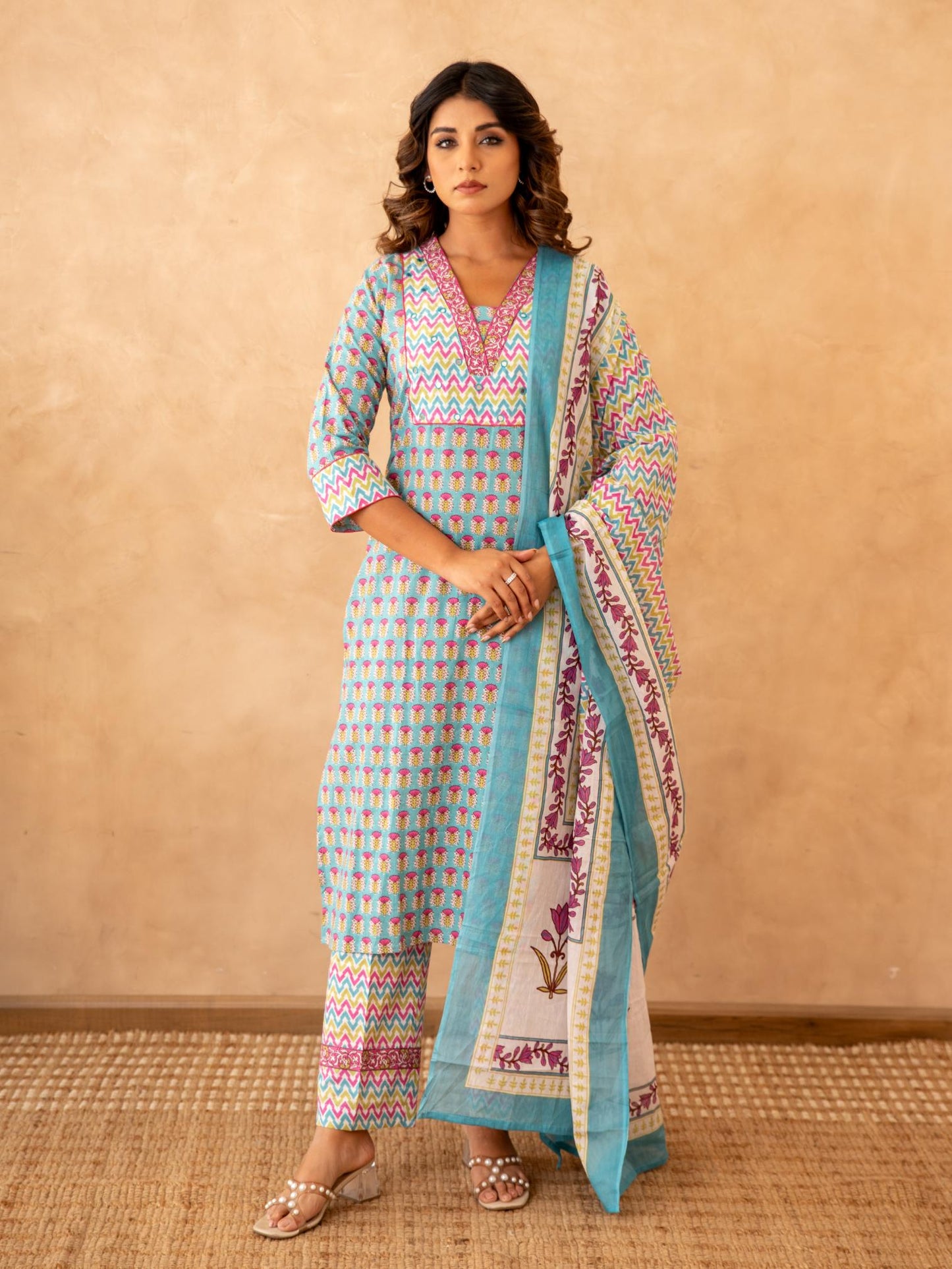 Turquoise Handblock Cotton Suit Set with Mul Cotton Dupatta