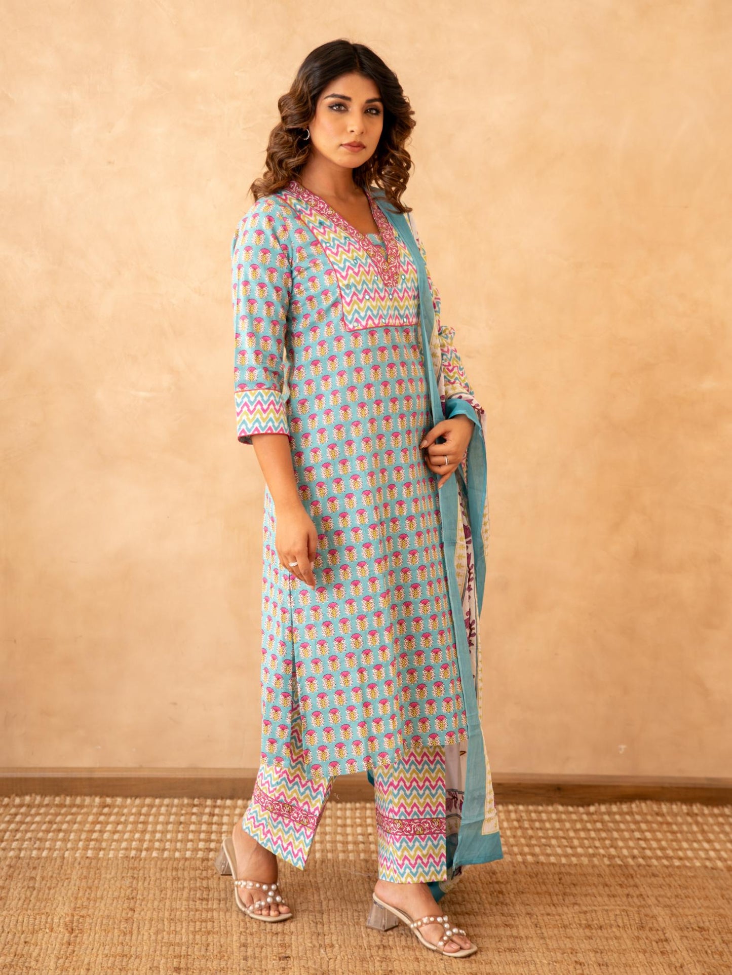 Turquoise Handblock Cotton Suit Set with Mul Cotton Dupatta