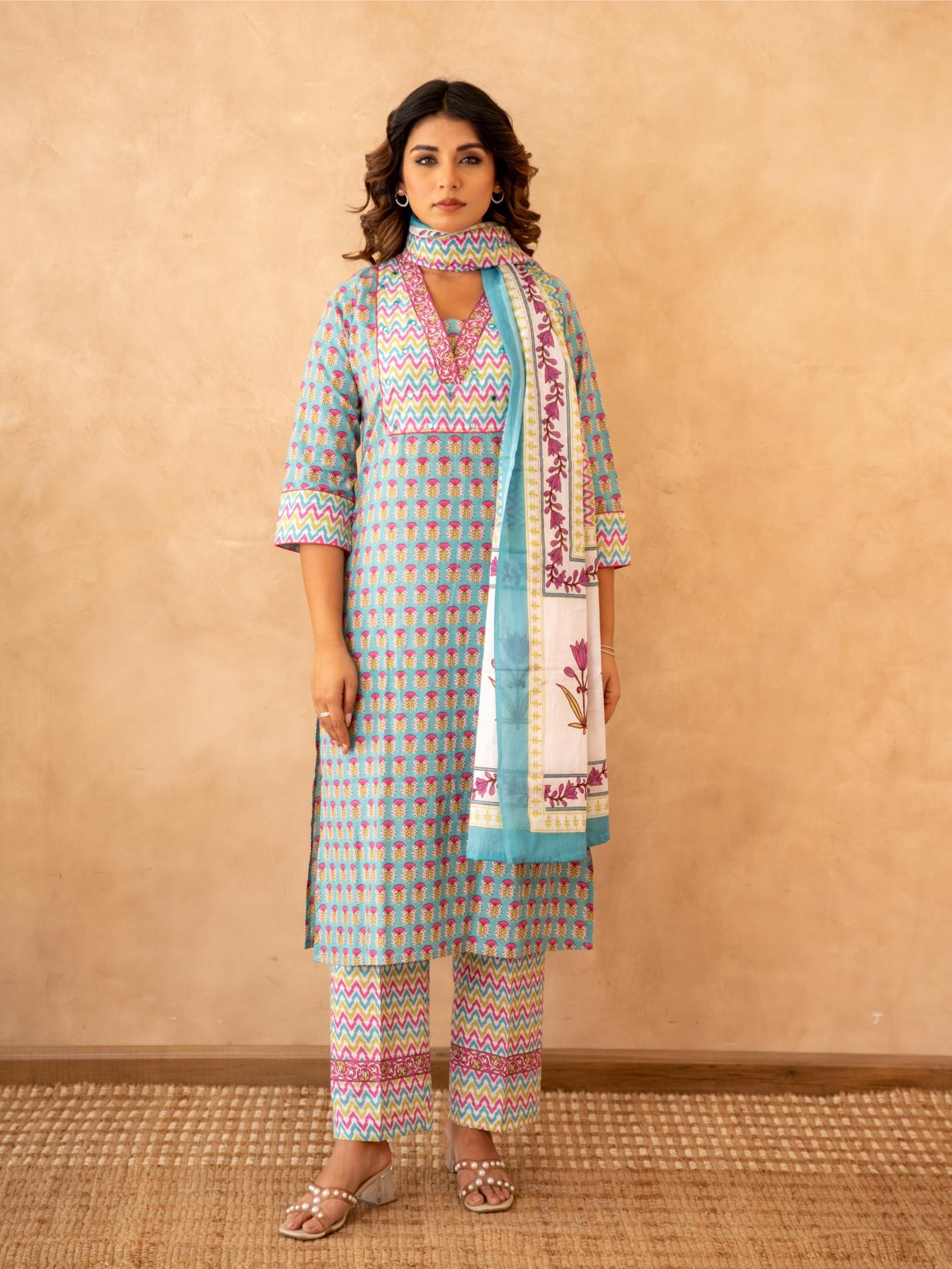 Turquoise Handblock Cotton Suit Set with Mul Cotton Dupatta