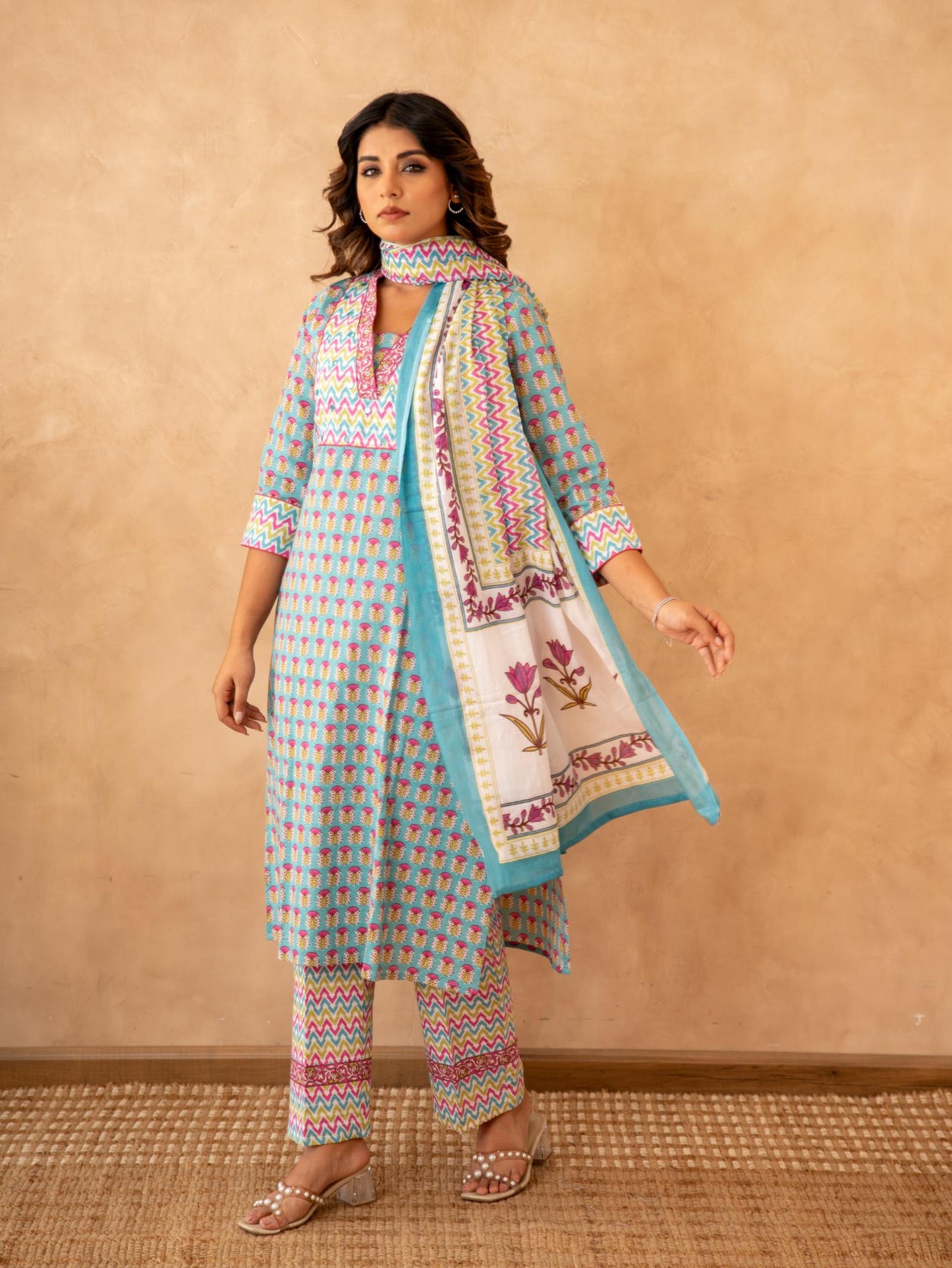 Turquoise Handblock Cotton Suit Set with Mul Cotton Dupatta