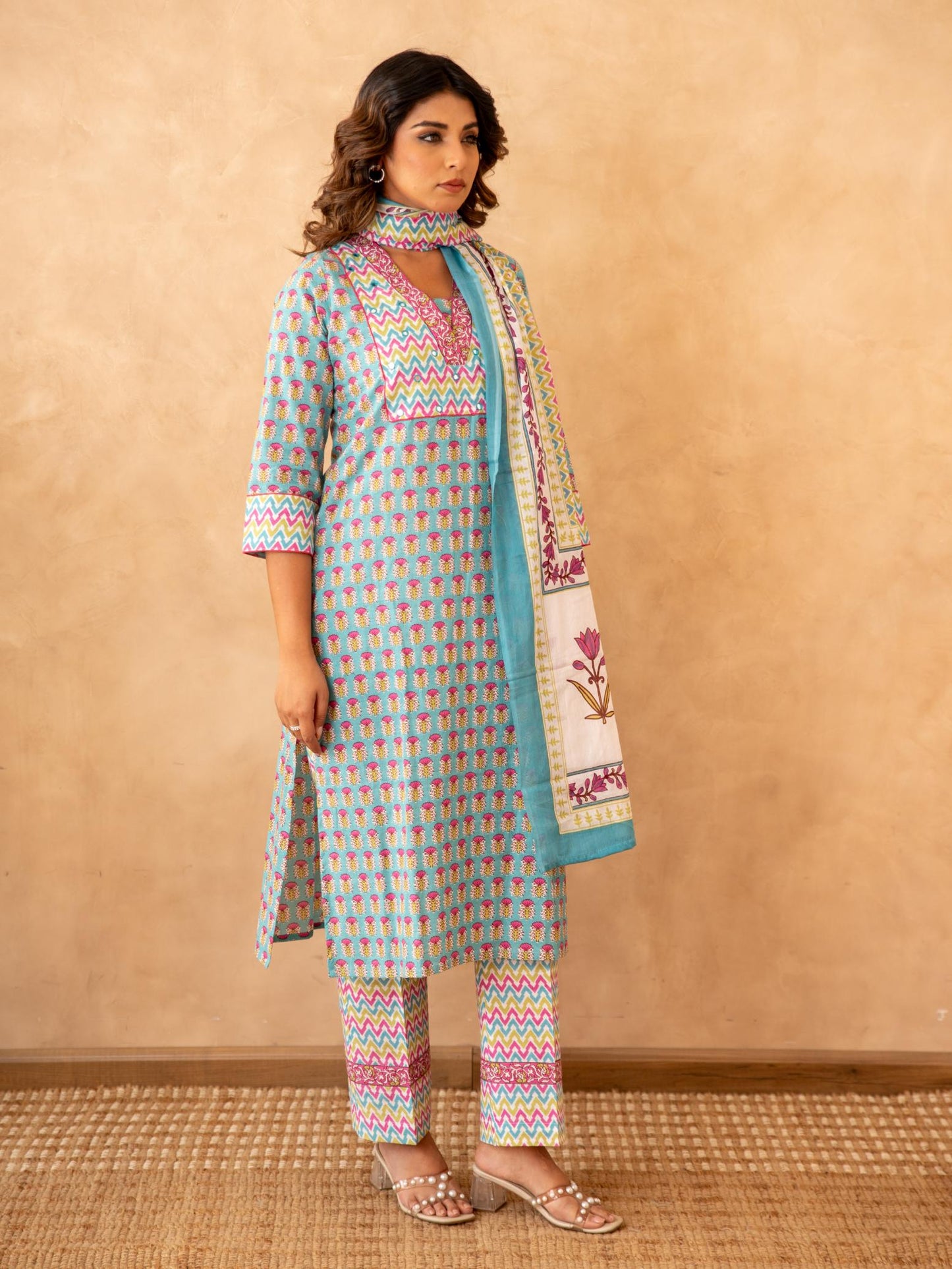 Turquoise Handblock Cotton Suit Set with Mul Cotton Dupatta