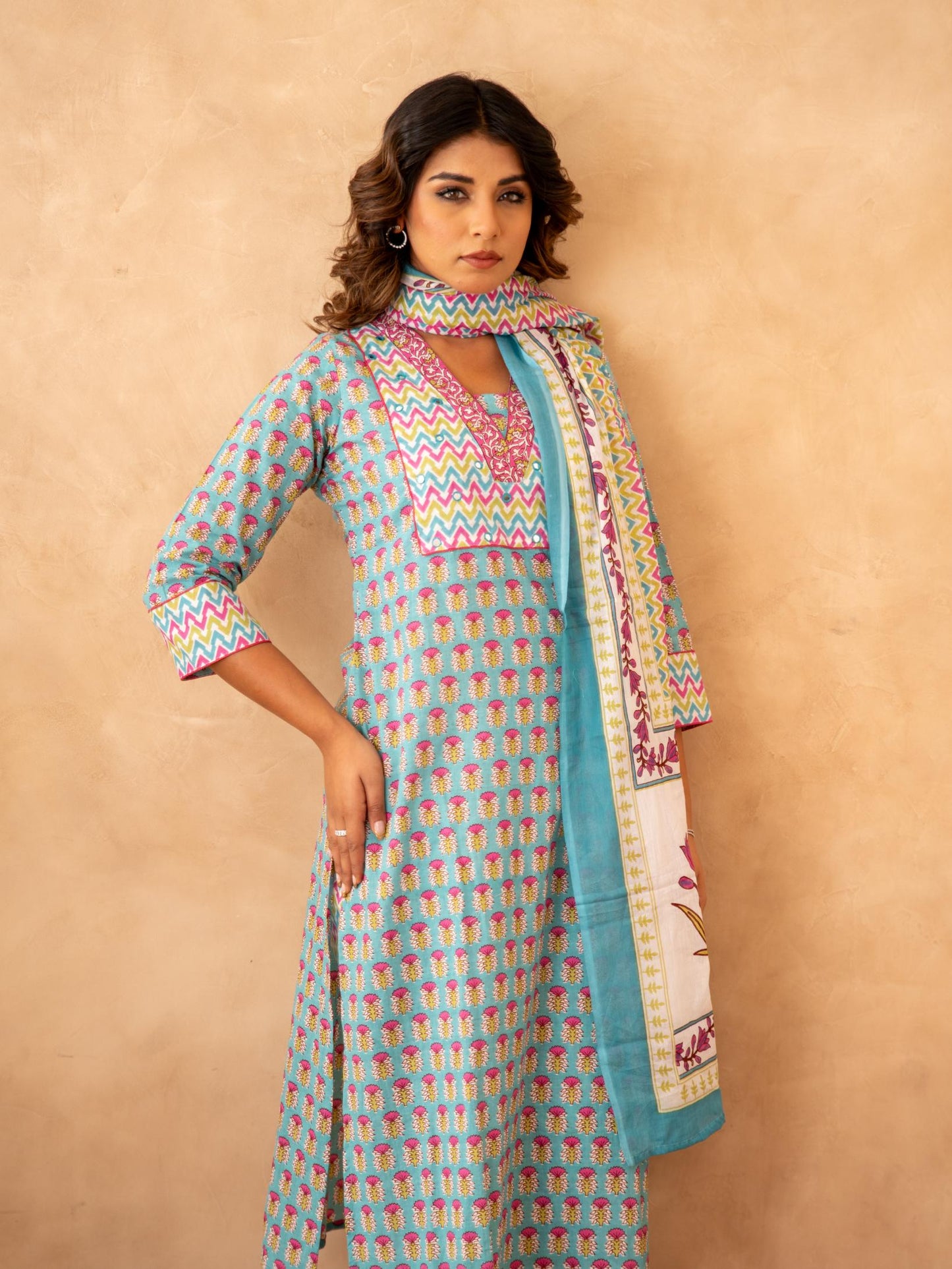 Turquoise Handblock Cotton Suit Set with Mul Cotton Dupatta